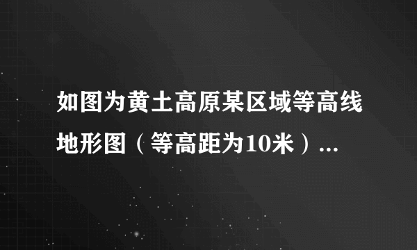 如图为黄土高原某区域等高线地形图（等高距为10米），图中阴影部分为河流。据此完成5～7题。窑洞是黄土高原地区的传统民居，图中四点最适合建窑洞的是（　　）A. 甲地B. 乙地C. 丙地D. 丁地