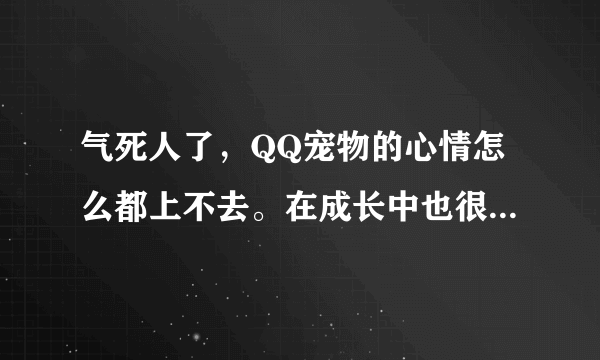 气死人了，QQ宠物的心情怎么都上不去。在成长中也很低，才570。而且越来越低！怎么办呢